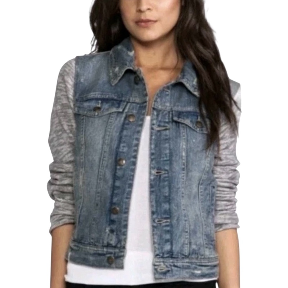 Free People Distressed Denim Jean Jacket With Gray Knit Long Sleeves Size XS